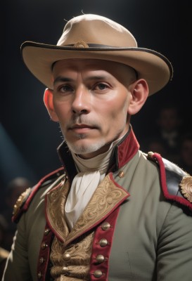 solo,looking at viewer,short hair,black hair,1boy,hat,brown eyes,closed mouth,jacket,upper body,male focus,blurry,uniform,black eyes,military,ascot,military uniform,buttons,blurry background,facial hair,black background,beard,epaulettes,green jacket,realistic,mustache,brown headwear,brown hair,signature,lips,portrait,grey jacket,manly,cowboy hat