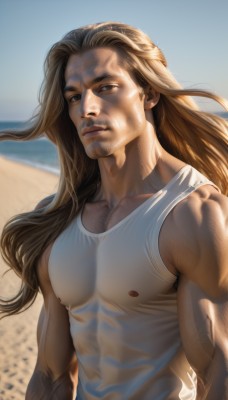 solo,long hair,looking at viewer,brown hair,shirt,1boy,brown eyes,closed mouth,white shirt,upper body,male focus,outdoors,sky,sleeveless,day,blurry,blue sky,lips,wet,see-through,muscular,blurry background,facial hair,beach,tank top,pectorals,muscular male,wet clothes,beard,realistic,sand,stubble,wet shirt,manly,white tank top,chest hair,blonde hair,bare shoulders,nipples,water,covered nipples,ocean,sunlight,bara,large pectorals,veins,veiny arms