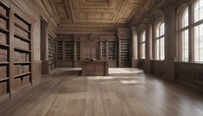 day,indoors,tree,book,no humans,window,shadow,chair,sunlight,scenery,light rays,wooden floor,stairs,door,clock,bookshelf,architecture,library,hallway,table,desk,candle,candlestand,reflective floor,chandelier