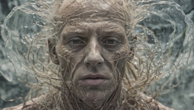 solo,looking at viewer,short hair,blonde hair,1boy,closed mouth,male focus,water,blurry,lips,grey eyes,blurry background,facial hair,portrait,beard,realistic,close-up,branch