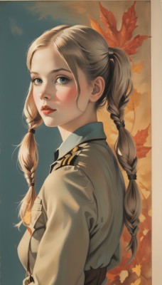 1girl,solo,long hair,breasts,looking at viewer,blue eyes,blonde hair,brown hair,shirt,long sleeves,twintails,white shirt,upper body,braid,parted lips,twin braids,from side,lips,looking to the side,grey eyes,makeup,leaf,border,hand on own chest,nose,hair tie,red lips,autumn leaves,maple leaf,autumn,blush,bangs,medium breasts,closed mouth,uniform,parted bangs,lipstick,forehead,realistic