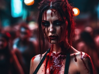 1girl,solo,looking at viewer,short hair,blue eyes,black hair,bare shoulders,upper body,parted lips,solo focus,blurry,lips,blood,makeup,depth of field,blurry background,suspenders,injury,blood on face,realistic,nose,red lips,blood on clothes,blood splatter,long hair,swimsuit,lipstick,portrait,eyeshadow,cyberpunk