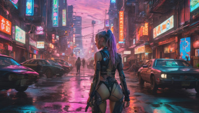 1girl, long hair, ponytail, weapon, purple hair, ass, outdoors, solo focus, from behind, gun, bodysuit, ground vehicle, building, scenery, motor vehicle, science fiction, city, sign, realistic, car, road, street, cyberpunk, neon lights