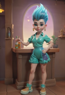 1girl,solo,breasts,looking at viewer,smile,short hair,blue eyes,shirt,holding,jewelry,blue hair,standing,full body,short sleeves,earrings,small breasts,shoes,shorts,puffy sleeves,artist name,indoors,aqua eyes,lips,hand on hip,eyelashes,window,makeup,bottle,plant,lipstick,spiked hair,alcohol,eyeshadow,blue shorts,hand in pocket,red lips,potted plant,eyeliner,wine bottle,mascara,aqua hair,aged down