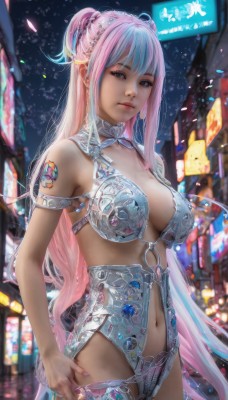 1girl,solo,long hair,breasts,looking at viewer,bangs,large breasts,navel,cleavage,bare shoulders,jewelry,medium breasts,very long hair,blue hair,ponytail,pink hair,multicolored hair,cowboy shot,earrings,nail polish,blurry,two-tone hair,lips,night,blurry background,revealing clothes,armlet,realistic,closed mouth,underwear,outdoors,hand on hip