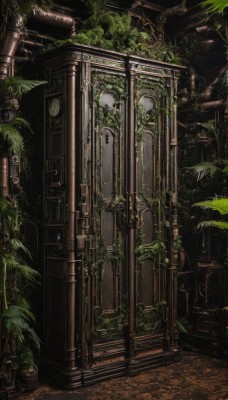 indoors,no humans,leaf,plant,scenery,stairs,door,clock,potted plant,ruins,vines,pillar,arch,moss,overgrown,tree,fantasy,statue