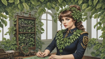 1girl,solo,long hair,breasts,bangs,brown hair,hair ornament,long sleeves,holding,brown eyes,upper body,ponytail,indoors,uniform,lips,military,window,military uniform,leaf,plant,desk,pen,writing,quill,looking at viewer,medium breasts,hair bun,book,single hair bun,epaulettes,nose