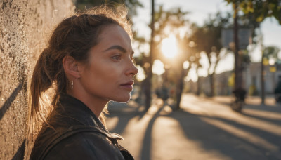 1girl, solo, long hair, brown hair, brown eyes, jewelry, closed mouth, upper body, earrings, outdoors, blurry, from side, lips, profile, depth of field, blurry background, realistic, nose, road, street