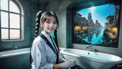 1girl,solo,long hair,looking at viewer,smile,brown hair,shirt,black hair,gloves,jewelry,sitting,jacket,white shirt,upper body,braid,earrings,parted lips,necktie,teeth,day,collared shirt,artist name,indoors,white gloves,water,black eyes,twin braids,bracelet,lips,window,watermark,red necktie,building,sleeves rolled up,realistic,labcoat,bathtub,brown eyes,signature,coat,piercing,sunlight,ear piercing,scenery,nose,sink