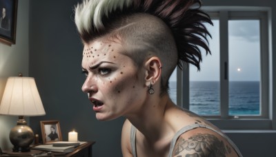 1girl,solo,short hair,open mouth,black hair,jewelry,multicolored hair,earrings,teeth,indoors,two-tone hair,lips,grey eyes,window,tattoo,ocean,piercing,tank top,ear piercing,portrait,freckles,realistic,nose,lamp,arm tattoo,shoulder tattoo,undercut,mohawk,nose piercing,lip piercing,eyebrow piercing,white hair,sky,water,makeup,spiked hair,photo (object),portrait (object)