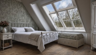 flower,sky,day,cloud,indoors,tree,blue sky,pillow,no humans,window,bed,chair,table,plant,curtains,scenery,couch,snow,wooden floor,bedroom,winter,bare tree,vase,carpet,bed sheet,on bed,box,door,basket,wall,still life,drawer,cabinet