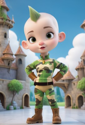 1girl,solo,looking at viewer,1boy,green eyes,standing,full body,yellow eyes,male focus,boots,outdoors,green hair,sky,day,belt,pants,cloud,tree,blue sky,leaf,building,furry,zipper,hands on hips,furry female,furry male,bald,camouflage,smile,open mouth,teeth,brown footwear,plant