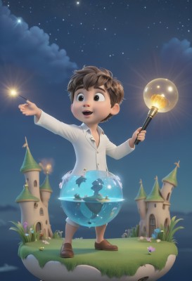 solo,smile,short hair,open mouth,brown hair,shirt,1boy,holding,brown eyes,standing,full body,white shirt,flower,male focus,outdoors,sky,shoes,teeth,cloud,night,thick eyebrows,grass,building,child,star (sky),night sky,starry sky,wand,male child,fireworks,castle,watermark,brown footwear,fantasy,magic,holding wand,constellation