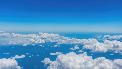 monochrome,outdoors,sky,day,cloud,water,blue sky,no humans,ocean,cloudy sky,scenery,blue theme,horizon,above clouds