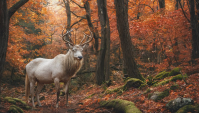 outdoors, tree, no humans, animal, leaf, nature, scenery, forest, realistic, autumn leaves, antlers, autumn, deer