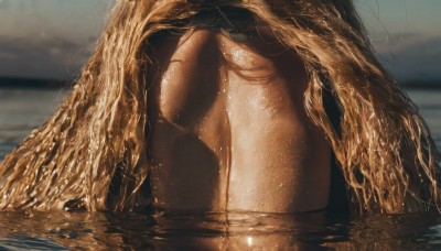 1girl,solo,breasts,ass,nude,outdoors,shiny,water,blurry,wet,shiny skin,blurry background,close-up,partially submerged,realistic,lower body,food,sky,no humans,reflection,food focus,still life