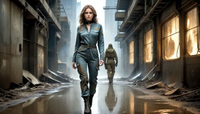 HQ,1girl,long hair,breasts,looking at viewer,blue eyes,brown hair,1boy,jacket,boots,choker,belt,pants,uniform,lips,military,window,military uniform,building,reflection,walking,science fiction,city,realistic,arms at sides,ruins,jumpsuit,blonde hair,solo focus,denim,lipstick,scenery,jeans,animification