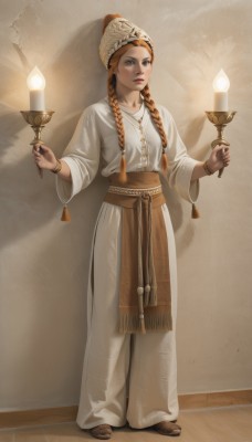 1girl,solo,long hair,looking at viewer,blue eyes,brown hair,long sleeves,hat,holding,brown eyes,jewelry,closed mouth,standing,full body,braid,barefoot,necklace,orange hair,twin braids,bracelet,sash,toes,robe,realistic,candle,traditional clothes,multiple braids,blonde hair,indoors,lips,white headwear,freckles,toenails,white robe,torch