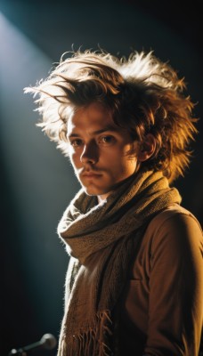 solo,looking at viewer,brown hair,1boy,brown eyes,closed mouth,upper body,male focus,signature,scarf,lips,coat,messy hair,realistic,nose,afro,1girl,dark skin,sunlight,wind,microphone,backlighting,curly hair,light