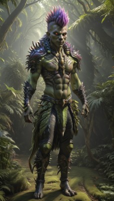 solo,red eyes,gloves,1boy,navel,jewelry,standing,full body,weapon,purple hair,male focus,outdoors,barefoot,teeth,pointy ears,artist name,armor,tree,muscular,glowing,colored skin,leaf,abs,sunlight,grass,pectorals,plant,muscular male,shoulder armor,nature,glowing eyes,forest,colored sclera,topless male,green skin,loincloth,monster boy,mohawk,nipples,blue hair,spiked hair,blue skin,grey skin