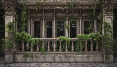 outdoors,no humans,window,plant,building,scenery,stairs,door,ruins,vines,pillar,arch,moss,overgrown,column,tree