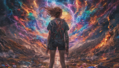 1girl, solo, long hair, brown hair, shirt, standing, short sleeves, outdoors, sky, shorts, artist name, cloud, signature, bag, from behind, blood, floating hair, watermark, backpack, cloudy sky, fire, wind, t-shirt, scenery, smoke, science fiction, realistic, fantasy, arms at sides, electricity, facing away, aura, lightning