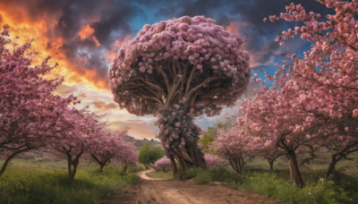 outdoors, sky, cloud, tree, no humans, cloudy sky, grass, cherry blossoms, scenery, sunset, road, path