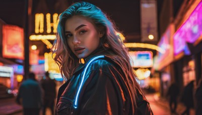 1girl,solo,long hair,looking at viewer,blue eyes,blue hair,jacket,upper body,multicolored hair,outdoors,parted lips,teeth,solo focus,bag,blurry,lips,black jacket,night,blurry background,backpack,city,realistic,nose,neon lights,looking back,from side,makeup,depth of field,thick eyebrows,light,road,street,crowd,cyberpunk