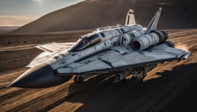 sky,cloud,signature,military,no humans,scenery,flying,science fiction,mountain,realistic,aircraft,military vehicle,airplane,vehicle focus,spacecraft,desert,jet,fighter jet,outdoors,sunlight,space