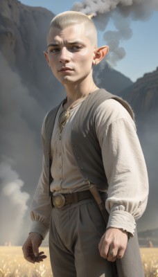 solo,looking at viewer,blonde hair,shirt,long sleeves,1boy,brown eyes,jewelry,standing,white shirt,male focus,cowboy shot,earrings,outdoors,sky,day,pointy ears,belt,pants,cloud,necklace,blurry,vest,blue sky,blurry background,black pants,ring,elf,smoke,mountain,realistic,weapon,brown pants