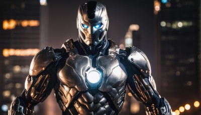 solo,looking at viewer,blue eyes,1boy,upper body,male focus,armor,blurry,night,blurry background,glowing,robot,building,glowing eyes,science fiction,city,cyborg,power armor,city lights,lights,humanoid robot,no humans,helmet,mecha,straight-on