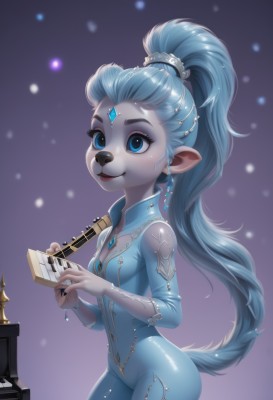 1girl,solo,long hair,breasts,smile,blue eyes,hair ornament,dress,holding,animal ears,cleavage,jewelry,blue hair,tail,ponytail,cowboy shot,earrings,small breasts,pointy ears,shiny,artist name,clothing cutout,bodysuit,makeup,cleavage cutout,high ponytail,gem,instrument,furry,snow,purple background,snowing,furry female,music,playing instrument,holding instrument,hair pulled back,animal nose,snout,piano,very long hair,nail polish,lips,eyelashes,colored skin,black nails,blue skin,forehead jewel