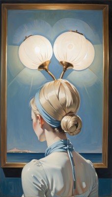 1girl,solo,blush,blonde hair,dress,ribbon,upper body,hairband,shiny,indoors,hair bun,from behind,white dress,back,looking away,single hair bun,blue ribbon,reflection,mirror,backless outfit,facing away,lamp,backless dress,picture frame,painting (object),nape,median furrow,shirt,white shirt,artist name,signature,window,light,light bulb