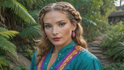 1girl,solo,long hair,looking at viewer,smile,blonde hair,brown hair,shirt,brown eyes,jewelry,closed mouth,upper body,braid,earrings,outdoors,day,collared shirt,blurry,lips,grey eyes,eyelashes,makeup,depth of field,blurry background,leaf,blue shirt,plant,lipstick,portrait,french braid,pink lips,realistic,nose,red lips,crown braid,parted lips,tree,sunlight,gem,forehead,eyeshadow,unbuttoned,dappled sunlight