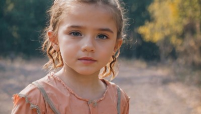 1girl,solo,looking at viewer,short hair,blue eyes,blonde hair,shirt,dress,closed mouth,upper body,outdoors,blurry,lips,grey eyes,depth of field,blurry background,expressionless,child,portrait,pink dress,forehead,curly hair,pink shirt,realistic,nose,female child,parted lips,day,sunlight