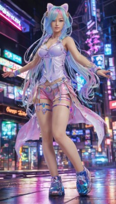 1girl,solo,long hair,breasts,looking at viewer,smile,bangs,blue eyes,navel,animal ears,bare shoulders,twintails,jewelry,medium breasts,very long hair,blue hair,standing,full body,pink hair,multicolored hair,outdoors,shoes,shorts,belt,nail polish,blurry,bracelet,two-tone hair,dark-skinned female,lips,streaked hair,see-through,legs,short shorts,thigh strap,night,blurry background,sneakers,city,realistic,navel piercing,pink shorts,cleavage,artist name,cat ears,aqua eyes,aqua hair,fake animal ears,headphones,watermark,building,wristband,cyberpunk,neon lights