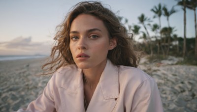 1girl,solo,long hair,looking at viewer,blue eyes,brown hair,shirt,closed mouth,white shirt,upper body,outdoors,parted lips,sky,day,collared shirt,blurry,tree,lips,depth of field,blurry background,beach,messy hair,freckles,curly hair,realistic,nose,palm tree,labcoat,brown eyes,teeth,blue sky,coat,ocean,thick eyebrows,wind,white coat,photo background