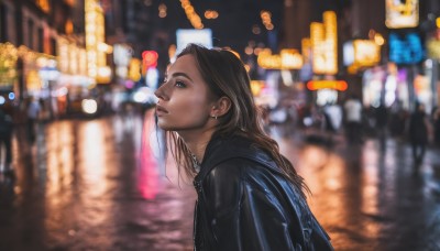 1girl,solo,long hair,blue eyes,brown hair,jewelry,jacket,upper body,earrings,outdoors,necklace,blurry,from side,lips,black jacket,profile,night,depth of field,blurry background,piercing,looking up,city,realistic,nose,leather,bokeh,leather jacket,city lights,black hair,closed mouth,dark skin,dark-skinned female,motor vehicle,reflection,rain,stud earrings