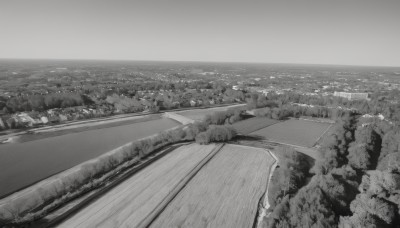 monochrome,greyscale,outdoors,sky,cloud,water,tree,no humans,ocean,grass,building,nature,scenery,forest,city,horizon,road,cityscape,watercraft,field,bridge,river,landscape,lake,comic,real world location