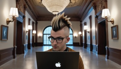 solo,short hair,blue eyes,blonde hair,brown hair,black hair,1boy,male focus,multicolored hair,glasses,indoors,two-tone hair,window,facial hair,reflection,black-framed eyewear,realistic,door,light,lamp,computer,laptop,looking at viewer,lips,beard,nose,undercut,mohawk