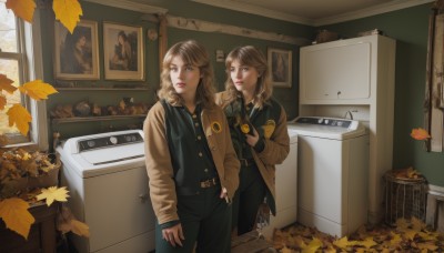 long hair,looking at viewer,blue eyes,multiple girls,blonde hair,brown hair,shirt,long sleeves,2girls,standing,jacket,open clothes,belt,pants,indoors,uniform,lips,looking to the side,black shirt,window,leaf,phone,black pants,reflection,hand in pocket,brown jacket,mirror,realistic,door,autumn leaves,photo (object),autumn,picture frame,bangs,holding,brown eyes,closed mouth,weapon,parted lips,collared shirt,vest,tree,gun,denim,handgun,jeans,badge,police,police uniform,letterman jacket,cabinet,radio,walkie-talkie