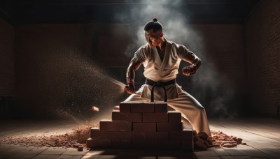 solo,black hair,gloves,1boy,male focus,belt,fingerless gloves,muscular,facial hair,single hair bun,clenched hands,smoke,fighting stance,topknot,dougi,dust,martial arts belt,weapon,barefoot,sword,katana,black belt