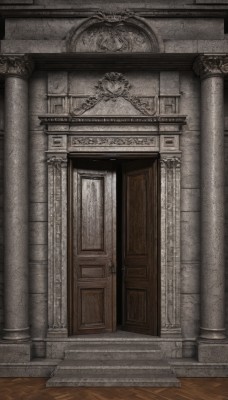 indoors,no humans,scenery,stairs,door,architecture,pillar,statue,hallway,carpet,church,arch,column,monochrome,wooden floor,wall,gate,rug