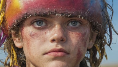 solo,looking at viewer,blue eyes,brown hair,1boy,hat,closed mouth,male focus,outdoors,sky,day,lips,expressionless,looking up,portrait,realistic,bandana,straw hat,dirty,1girl,blonde hair,blurry,blue sky,blurry background,close-up,freckles,dirty face