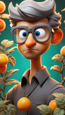 solo,looking at viewer,short hair,blue eyes,simple background,shirt,1boy,jewelry,closed mouth,upper body,grey hair,male focus,food,glasses,collared shirt,necklace,gradient,gradient background,fruit,frown,leaf,blue background,plant,goggles,grey shirt,green background,white hair,artist name,watermark,wing collar,web address,backlighting,black-framed eyewear,branch,aqua background,orange (fruit),mandarin orange