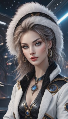 1girl,solo,long hair,breasts,looking at viewer,blue eyes,blonde hair,brown hair,hat,cleavage,jewelry,medium breasts,jacket,upper body,earrings,small breasts,parted lips,open clothes,choker,artist name,hood,necklace,blurry,lips,coat,grey eyes,fur trim,eyelashes,makeup,blurry background,white jacket,lipstick,gem,snow,pendant,eyeshadow,snowing,realistic,nose,white coat,red lips,open jacket,forehead,hood up,freckles,hoop earrings