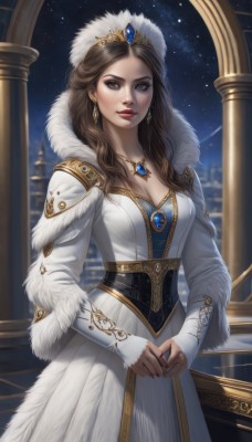 1girl,solo,long hair,breasts,looking at viewer,smile,brown hair,long sleeves,dress,cleavage,brown eyes,jewelry,medium breasts,closed mouth,standing,earrings,sky,necklace,nail polish,white dress,lips,fur trim,makeup,night,watermark,tiara,crown,lipstick,gem,star (sky),night sky,corset,pendant,starry sky,gold trim,red lips,pillar,princess,hat,parted lips,artist name,ring,own hands together,red nails,eyeshadow,realistic,red gemstone