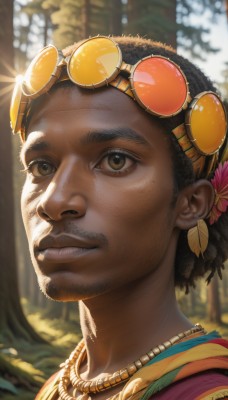 solo,looking at viewer,short hair,brown hair,black hair,hair ornament,1boy,brown eyes,jewelry,closed mouth,flower,male focus,earrings,outdoors,day,signature,hair flower,dark skin,necklace,blurry,dark-skinned female,tree,lips,blurry background,facial hair,sunglasses,dark-skinned male,feathers,goggles,portrait,nature,eyewear on head,beard,forest,goggles on head,realistic,nose,mustache,very dark skin,dreadlocks,artist name,mole,leaf,close-up