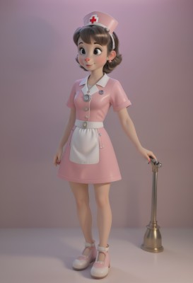 1girl,solo,breasts,blush,smile,short hair,bangs,brown hair,hat,dress,holding,brown eyes,closed mouth,standing,full body,short sleeves,small breasts,shoes,black eyes,apron,lips,buttons,pink dress,white apron,nurse cap,pink footwear,nurse,stethoscope,jewelry,hairband,earrings,nail polish