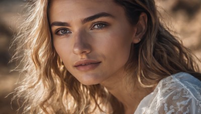 1girl,solo,long hair,looking at viewer,blue eyes,blonde hair,brown hair,jewelry,earrings,parted lips,blurry,lips,eyelashes,depth of field,blurry background,wavy hair,portrait,close-up,freckles,curly hair,realistic,nose,stud earrings,smile,teeth,mole,grey eyes,sunlight,thick eyebrows,mole on cheek